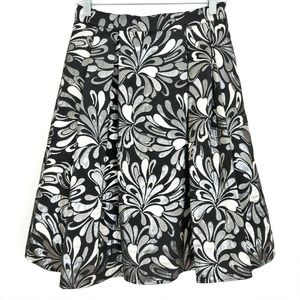 Chetta B Pleated Full A-Line Skirt Sz 4 Black Silver Jacquard Floral Lined